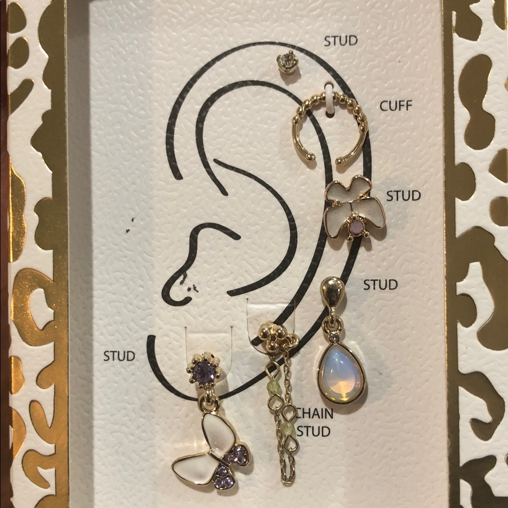 Jessica Simpson 6 piece singlet‎ cuff stud and chain gold tone earrings set new